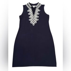 Charter Club Blue Embroidered Ribbed Shift Knee Length Shift Dress Size Small